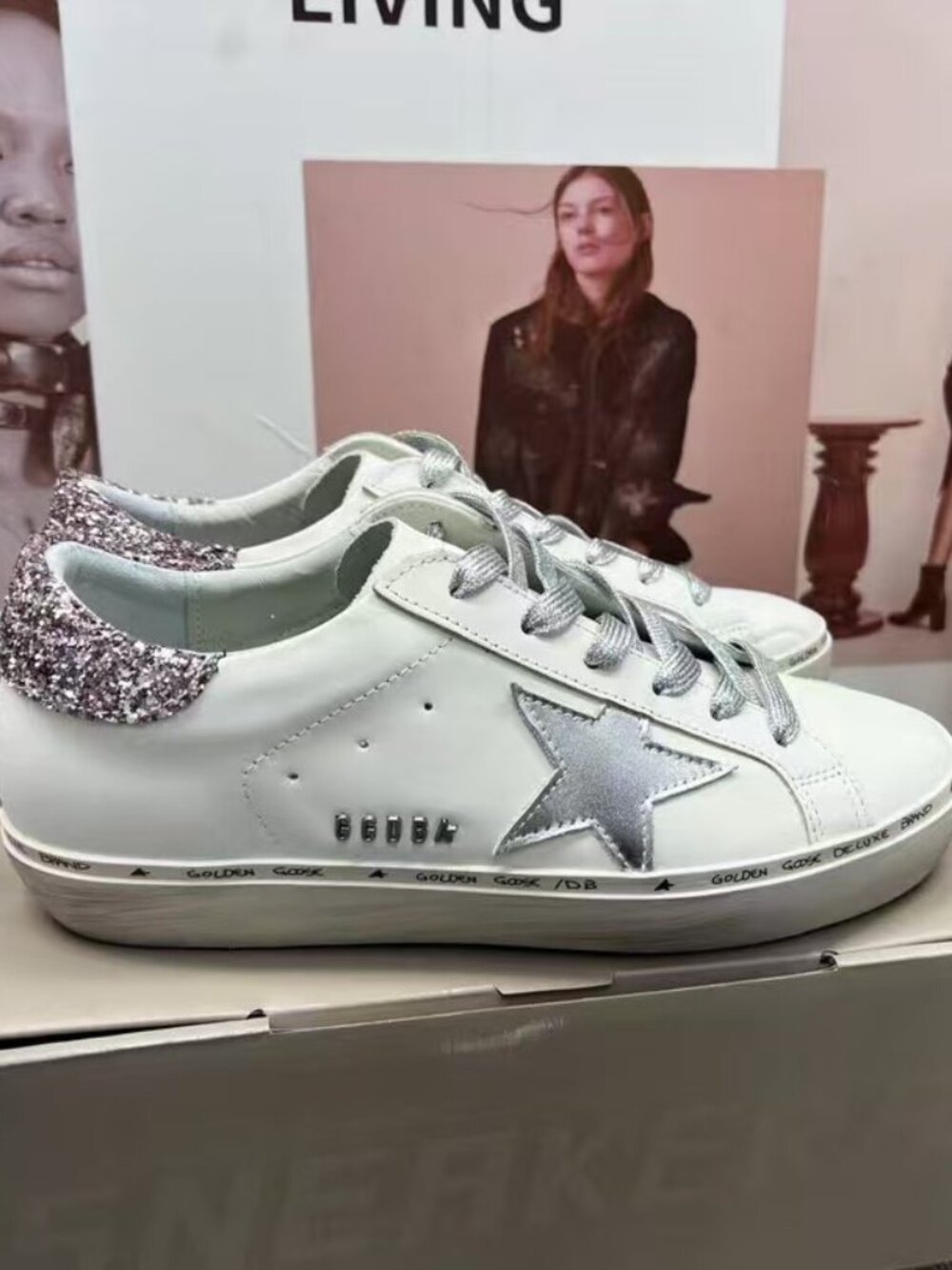 Golden Goose White Sneakers with Silver Glitter Heel - Picture 2 of 5